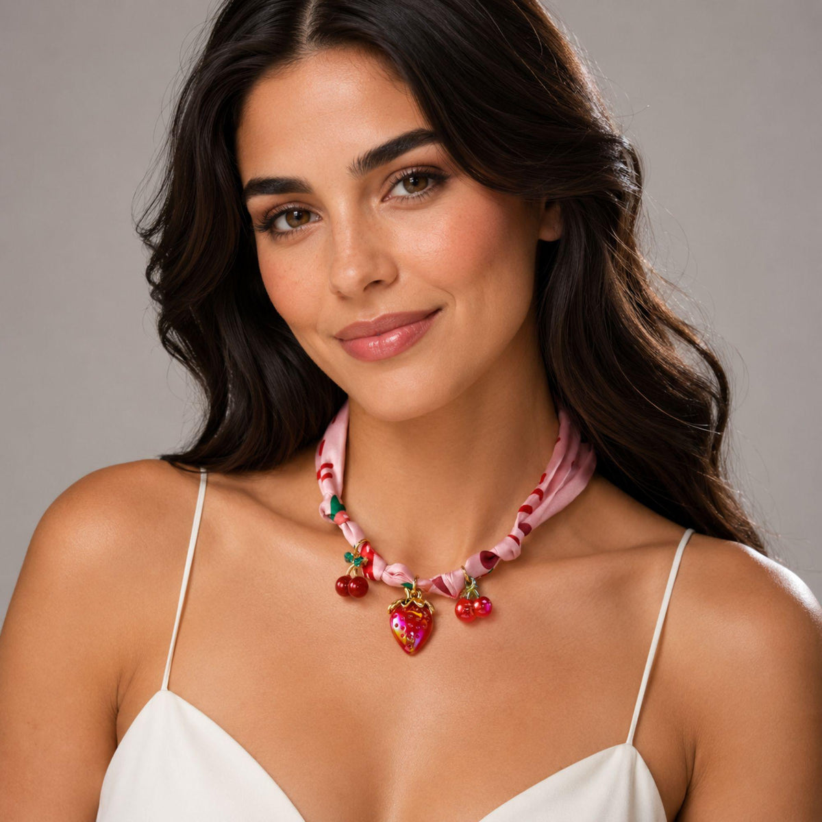 Strawberry Cherry Charm Ribbon Choker