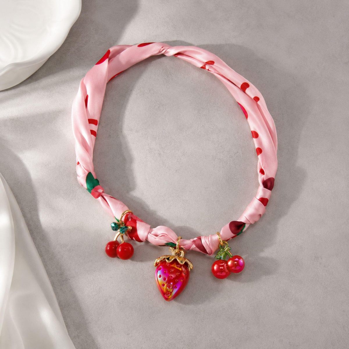 Strawberry Cherry Charm Ribbon Choker