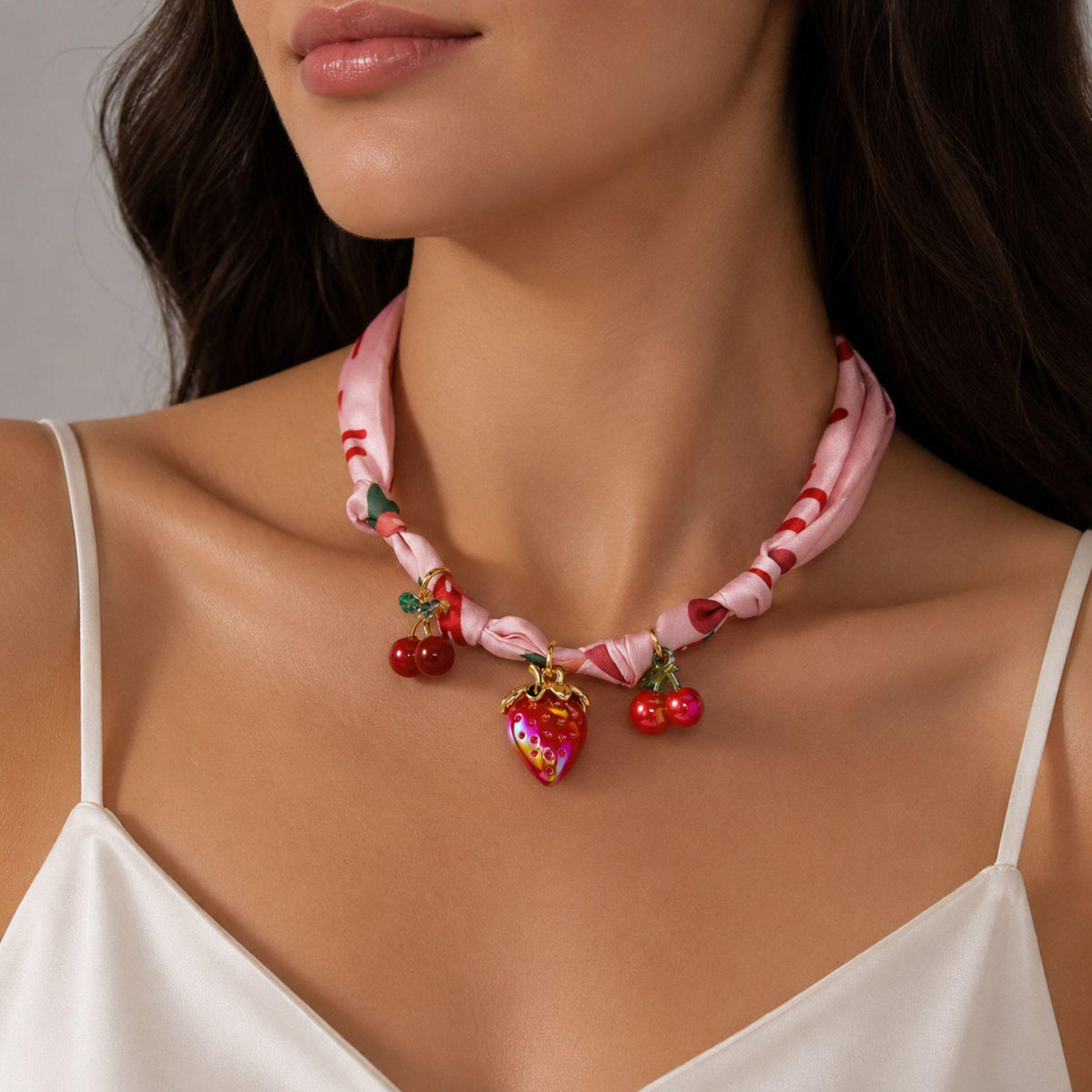 Strawberry Cherry Charm Ribbon Choker