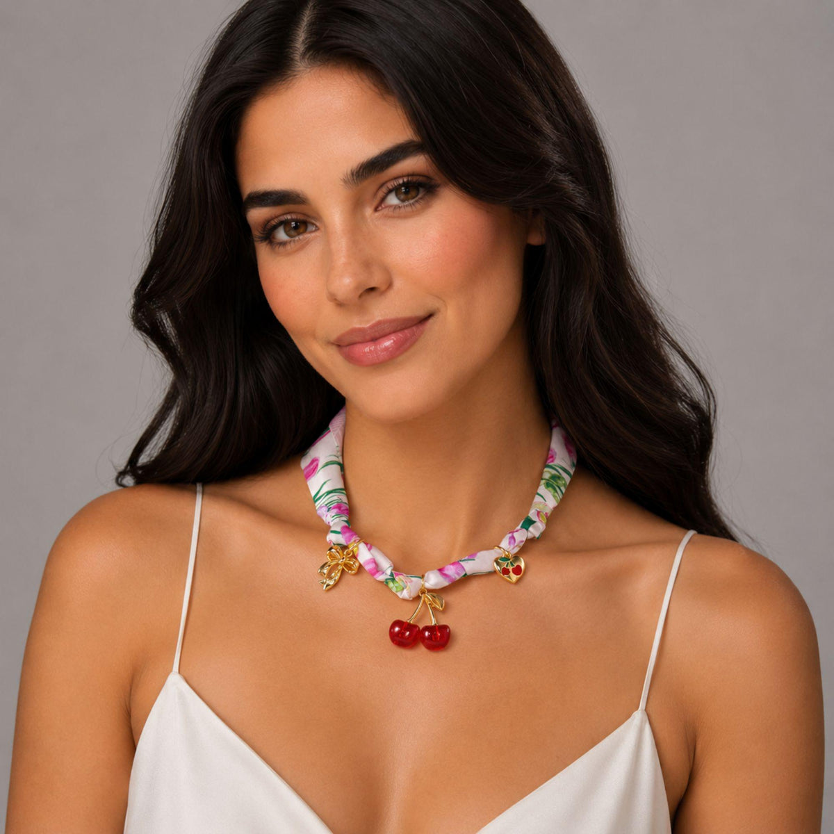 Cherry Bow Charm Floral Ribbon Choker