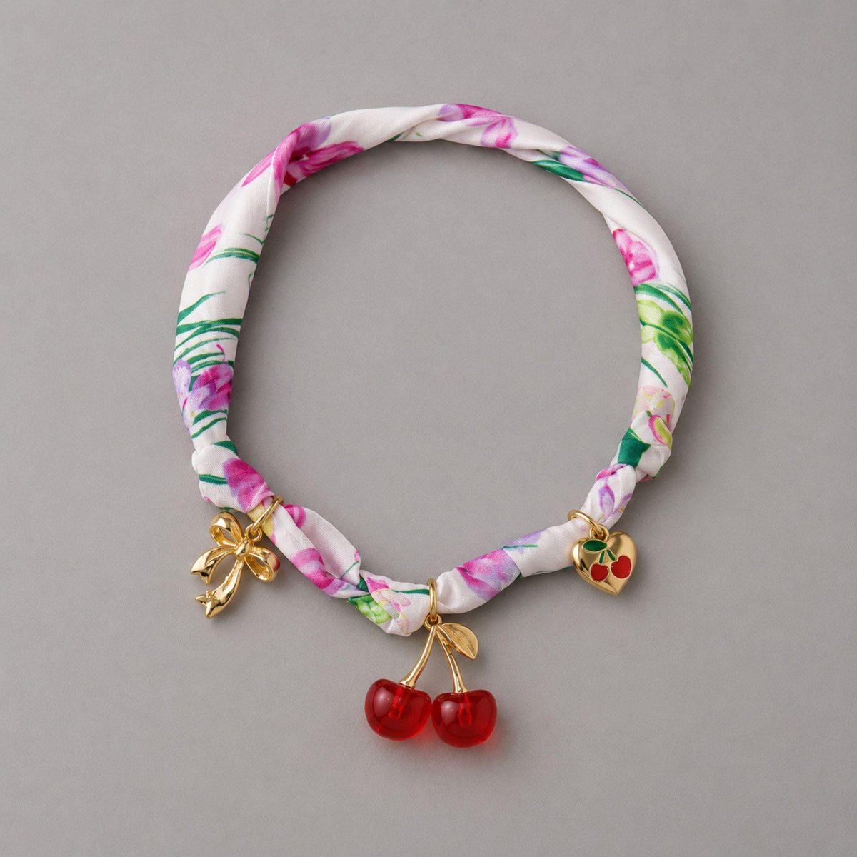 Cherry Bow Charm Floral Ribbon Choker