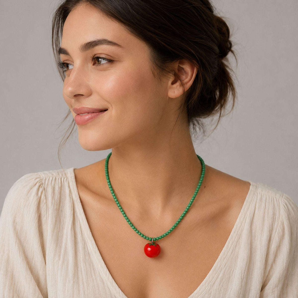 Tomato Pendant Green Bead Necklace