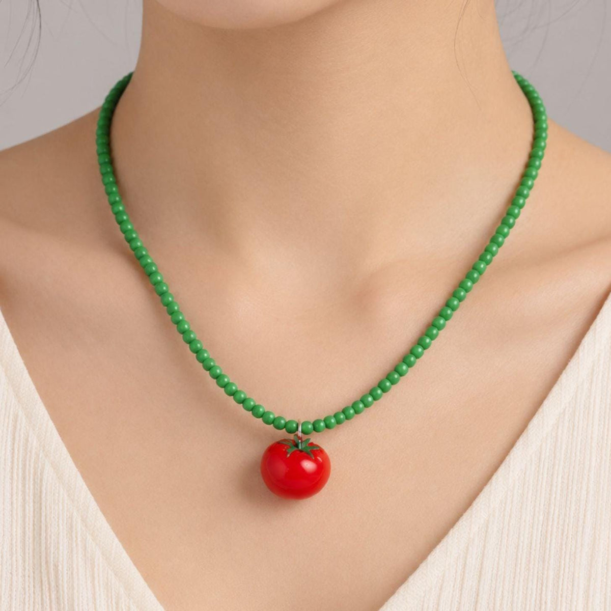 Tomato Pendant Green Bead Necklace