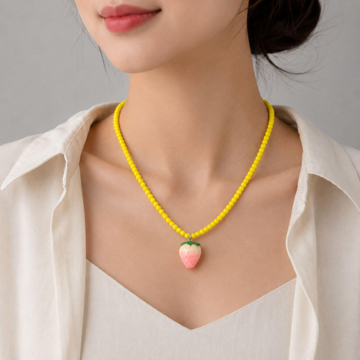 Pink Strawberry Pendant Bead Necklace