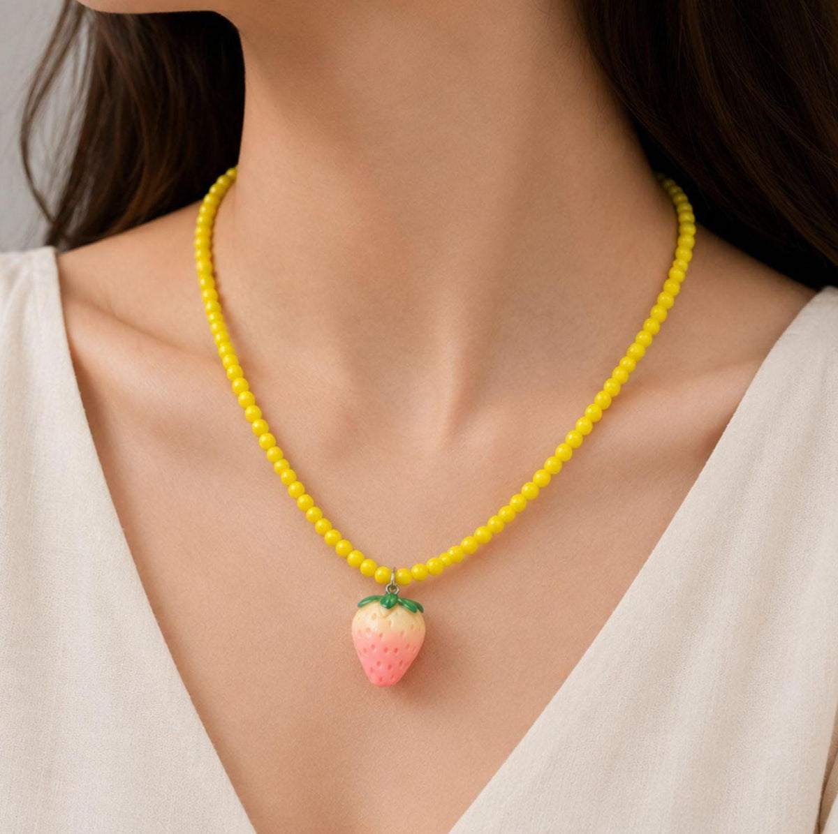 Pink Strawberry Pendant Bead Necklace