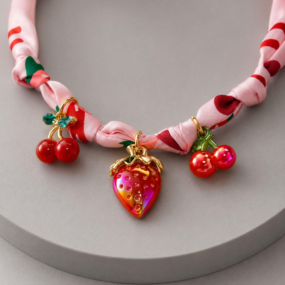 Strawberry Cherry Charm Ribbon Choker