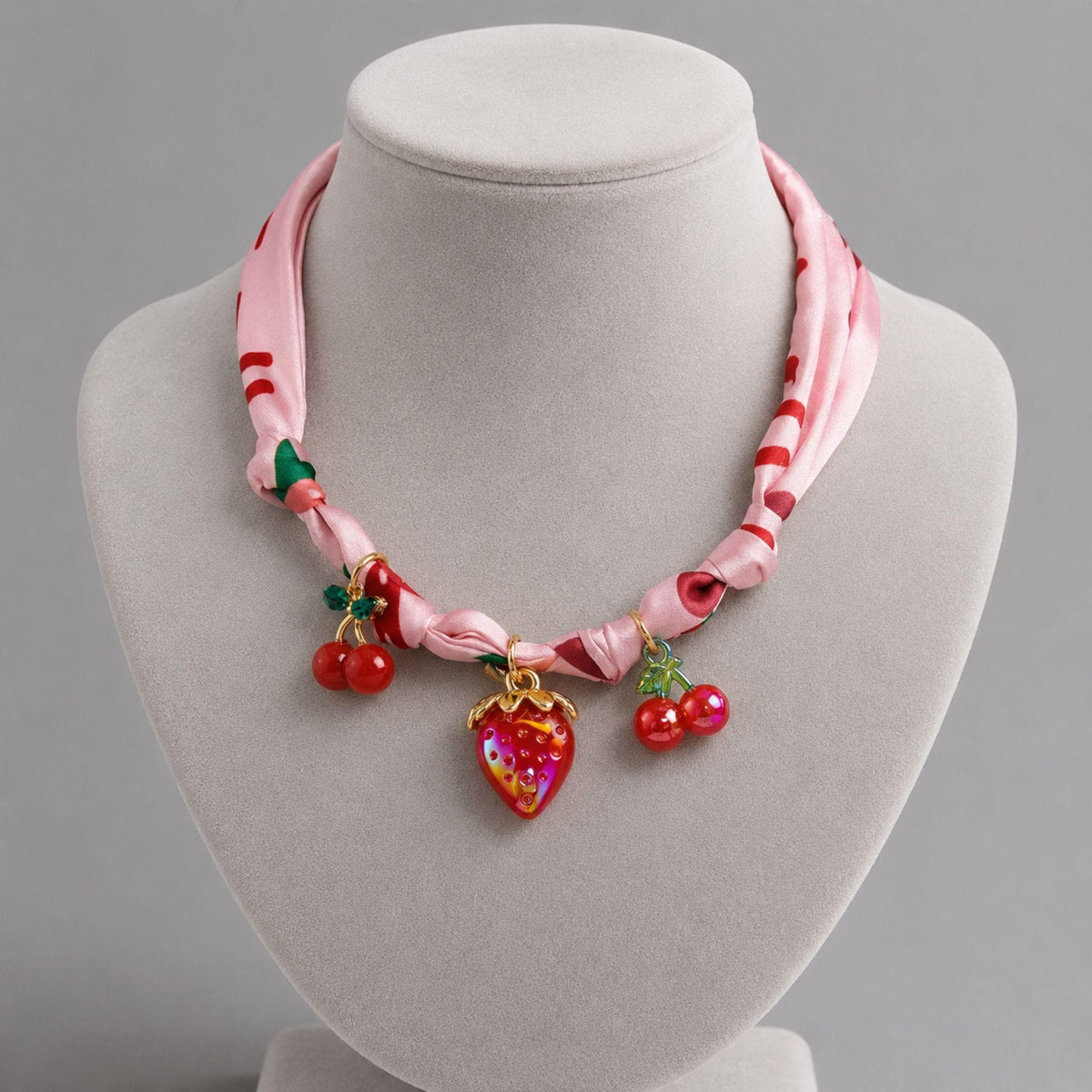 Strawberry Cherry Charm Ribbon Choker