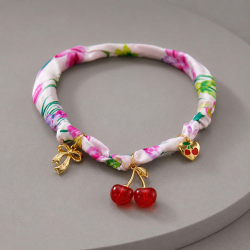 Cherry Bow Charm Floral Ribbon Choker