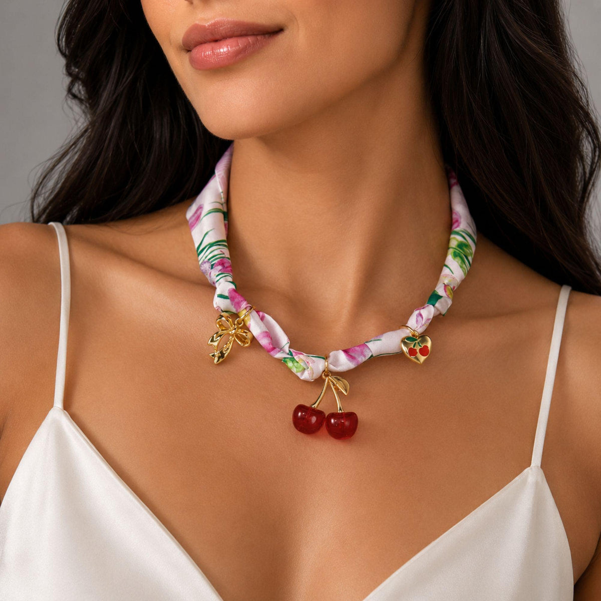 Cherry Bow Charm Floral Ribbon Choker
