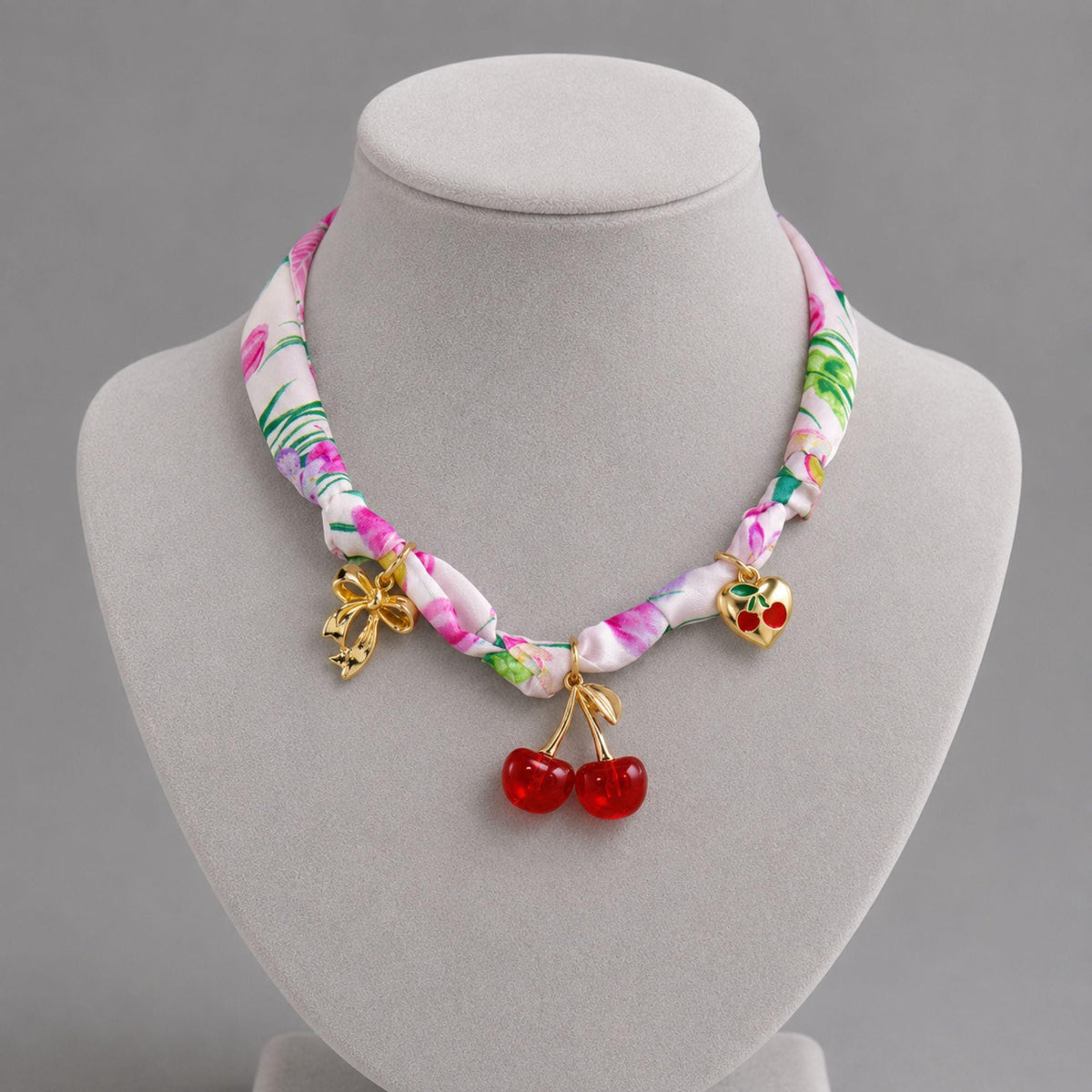 Cherry Bow Charm Floral Ribbon Choker