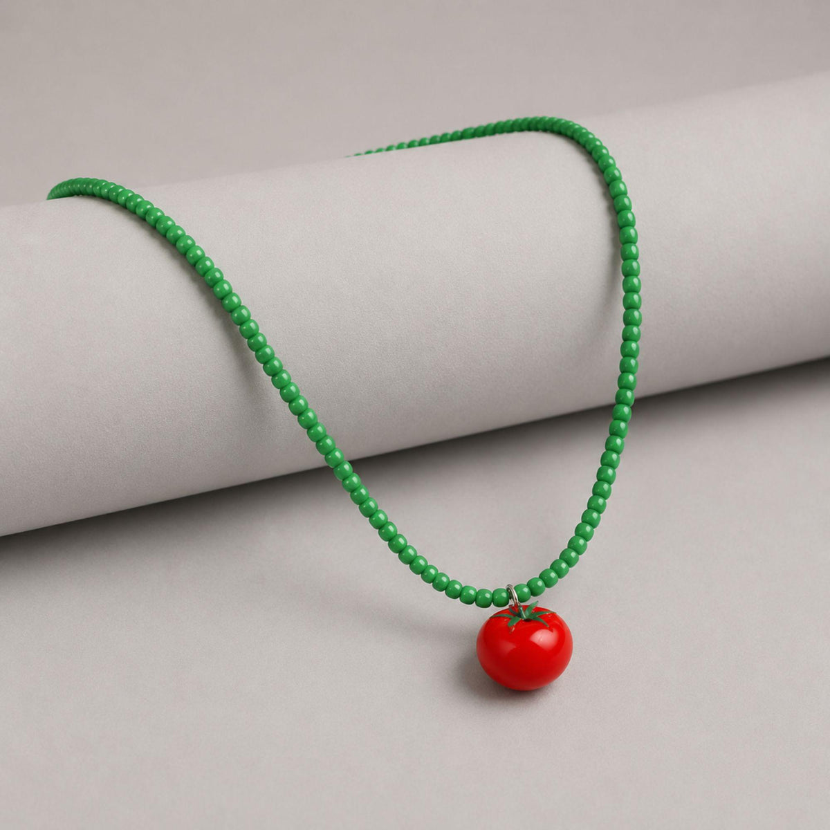 Tomato Pendant Green Bead Necklace