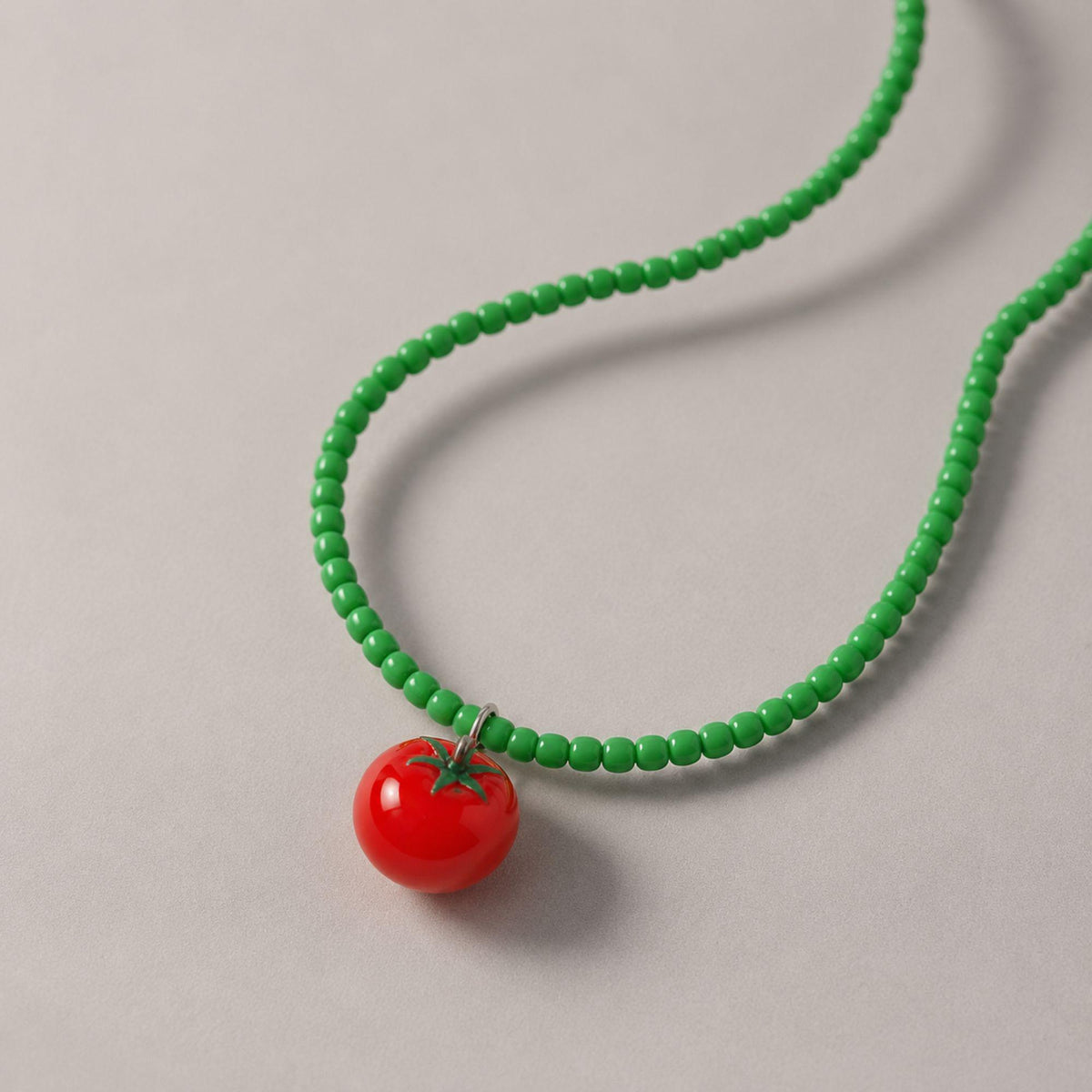 Tomato Pendant Green Bead Necklace