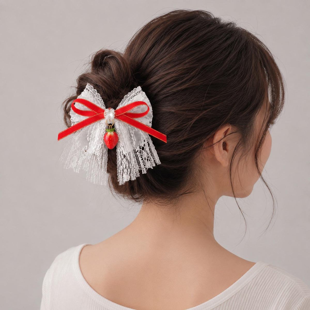 Strawberry Lace Bow Hair Clip Set